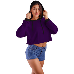 Koyu Mor Kapüşonlu Crop Top Kadın Sweatshirt