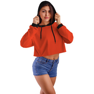 Koyu Turuncu Kapüşonlu Crop Top Kadın Sweatshirt