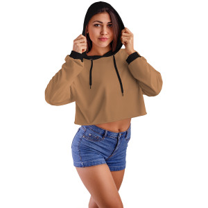 Sütlü Kahve Kapüşonlu Crop Top Kadın Sweatshirt