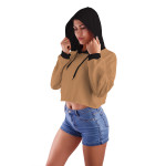 Sütlü Kahve Kapüşonlu Crop Top Kadın Sweatshirt